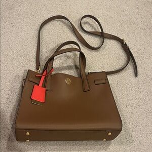 Tory Burch Brown Leather Satchel with Orange Tag